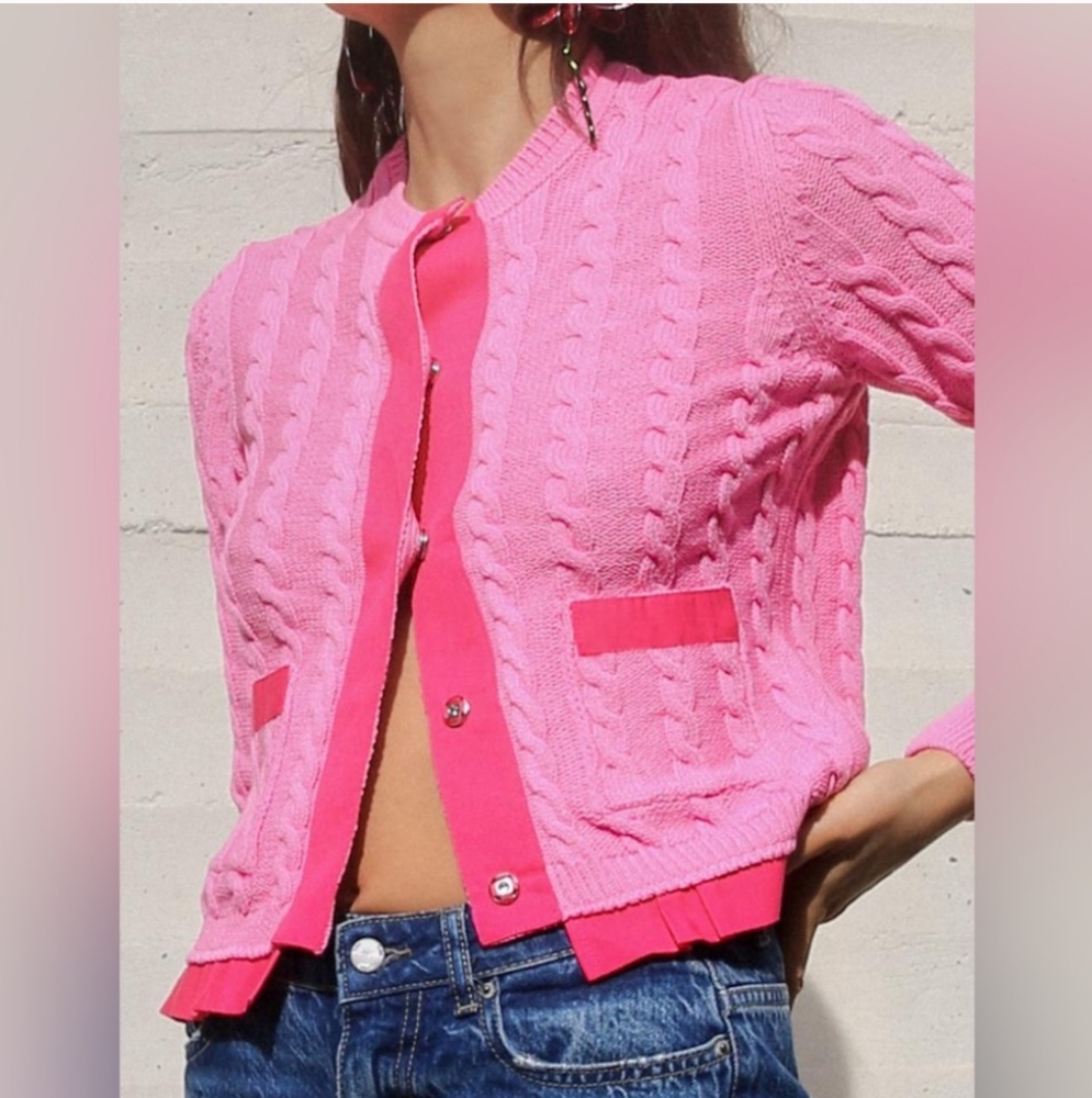 ZARA PINK/FUCHSIA CONTRASTING CABLE KNIT CARDIGAN 💗💗💗  ✨️SIZE L✨️